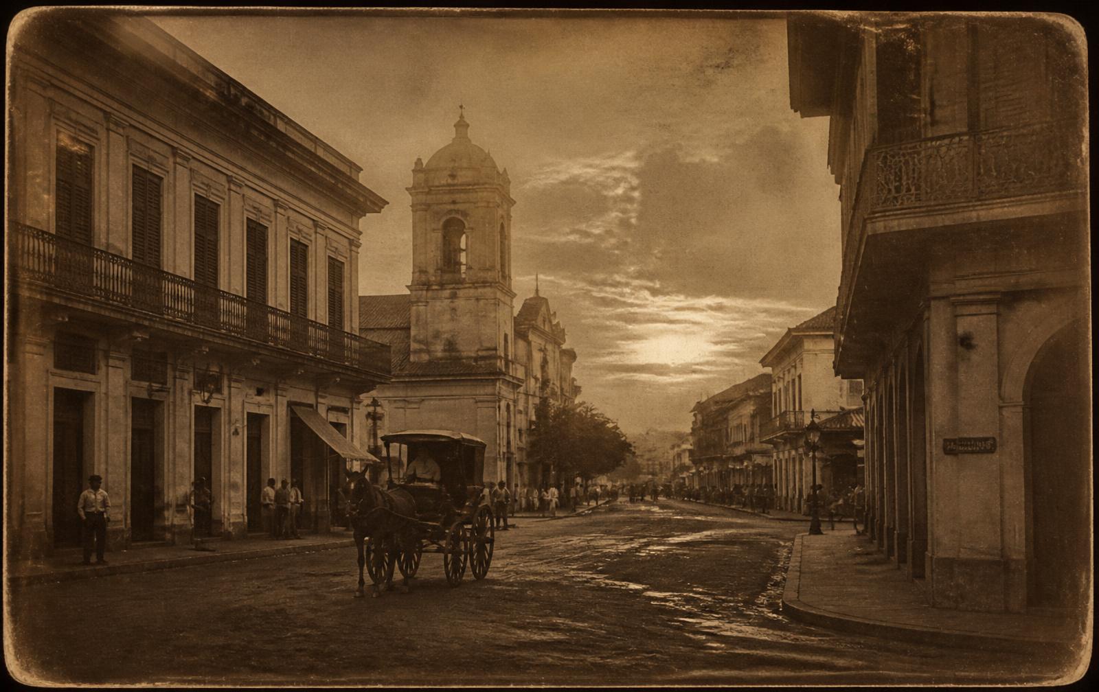 Sepia photograph of a Spanish colonial street in 1890s Manila with a horse-drawn carriage